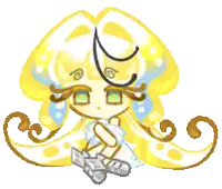 a cartoon character with long yellow hair and green eyes is sitting on a white surface .