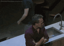 two men hugging in front of a sink with the words offawaysnfuturedays-inmydreams written below them