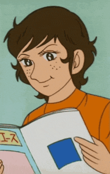a cartoon girl is reading a book with a blue square on the front