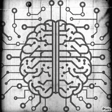 a black and white drawing of a brain surrounded by circuits