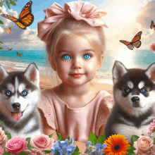 a little girl with blue eyes is surrounded by two husky puppies and flowers