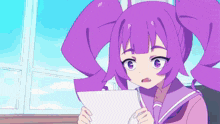 a girl with purple hair is holding a piece of paper in her hands