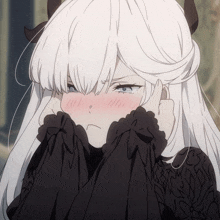a girl with white hair and horns is covering her mouth with her hands