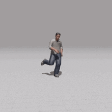 a man in a gray shirt and blue jeans is running on a grid