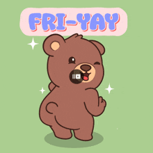 a brown teddy bear is standing in front of a sign that says fri-yay