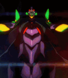 a purple robot with green eyes and red eyes is glowing in the dark