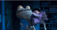 a cartoon character holding a stuffed animal in a room
