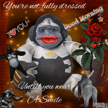 a picture of a stuffed gorilla says good morning