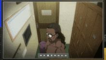 a man without a shirt is standing in a room with a clock on the wall