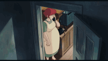 a woman in an apron is talking on a phone
