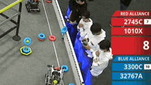 a group of people standing next to each other with a red alliance banner above them