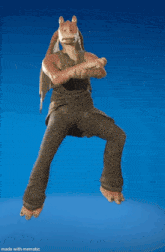 a frog is dancing in front of a blue background with the words made with mematic at the bottom