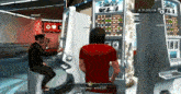 a man in a red shirt playing a slot machine