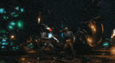 a man in a red suit is shooting a red laser at another man in a black suit