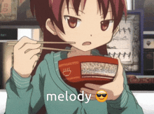 a girl is holding a bowl of food and the word melody is on the bottom right