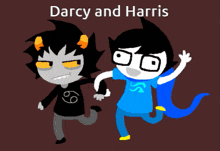 a cartoon of darcy and harris holding hands and jumping