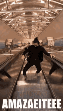 a man is riding an escalator with the words amazaeiteee written on the bottom