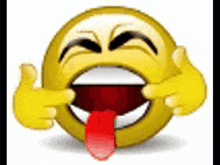 a smiley face with its tongue hanging out is laughing and pointing at something .
