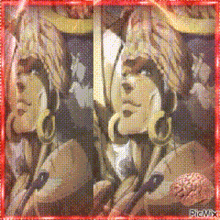 a painting of a woman with a hat and earrings with a brain in the background