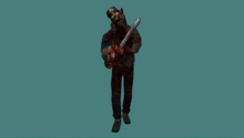 a man in a bear mask holding a chainsaw on a blue background
