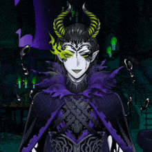 a demon with horns and green eyes is wearing a purple cloak