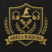 a logo for ares e raquel shows a witch hat and two microphones