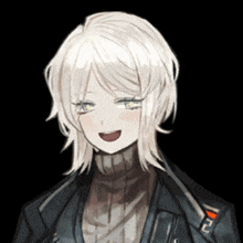 a girl with white hair is wearing a black jacket and a sweater