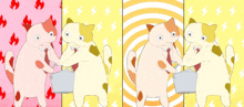 four cartoon cats are standing next to each other on different backgrounds