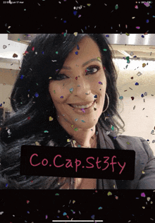 a picture of a woman with confetti and the words co.cap.st3fy on the bottom