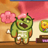 a cartoon zombie with a pink headband and a pink speech bubble is standing on a table .