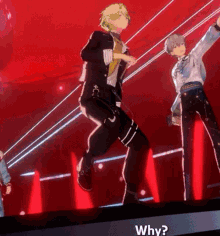 a group of anime characters are dancing on a stage with a red background .
