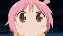 a close up of a pink anime girl 's face with big eyes .