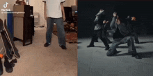 a man is standing in a living room next to a skateboard .