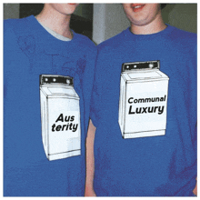 two boys wearing blue shirts with communal luxury on them