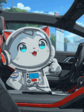 a cartoon cat is sitting in the driver 's seat of a car with headphones on
