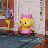 a cartoon duck wearing a pink dress and bow is standing in front of a door
