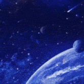 a blue planet in the middle of a galaxy with a moon in the background