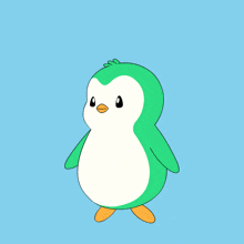 a green and white penguin with aura written on the bottom