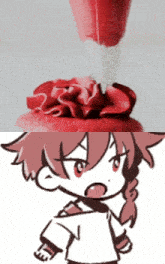 a drawing of a girl with red hair standing next to a cupcake with red frosting on it
