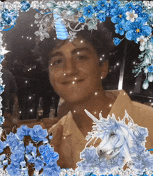 a picture of a man with a unicorn and flowers around him