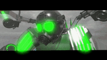 a person wearing a gas mask and a helmet with green lights on their eyes
