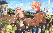 a drawing of a boy and a girl with a green pokemon and the name @amberdaisy on the bottom right corner