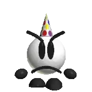 a cartoon character wearing a party hat and a sad face