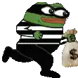 a cartoon frog is wearing a mask and holding a bag of money .