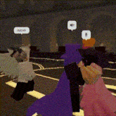 a cartoon character in a pink dress is standing on a basketball court with a speech bubble that says wow .