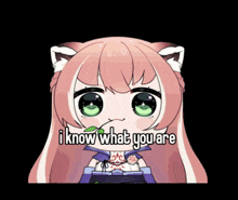 a cartoon girl with a flower in her mouth and the words " i know what you are " below her