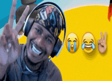 a man wearing headphones and a bandana shows a peace sign and crying emojis