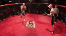 two men are fighting in a boxing ring with a sign that says ufc on it .