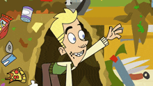 a cartoon of a man sitting in a chair surrounded by junk food