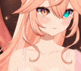 a close up of a girl 's face with orange eyes